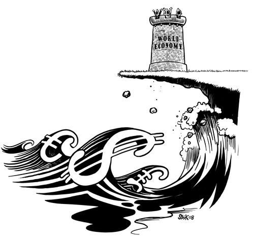 The waves of the Euro, Dollar and Sterling eroding the cliff that suports the world economy.