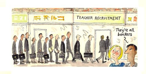Long queue for teacher recrutiment.'They're all bankers'