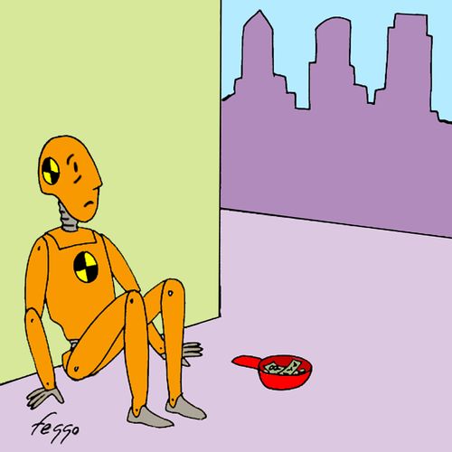 Crash test dummy unemployed begging.