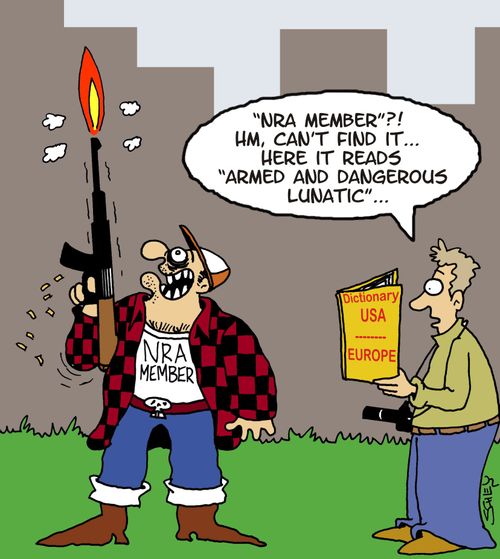 "'NRA member'?! Hm, can't find it...here it reads 'Armed and dangerous lunatic'..."