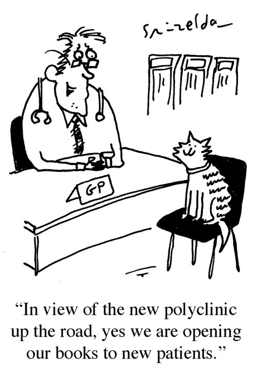 GP to cat - 'In view of the new polyclinic up the road, yes we are opening our books to new patients.'