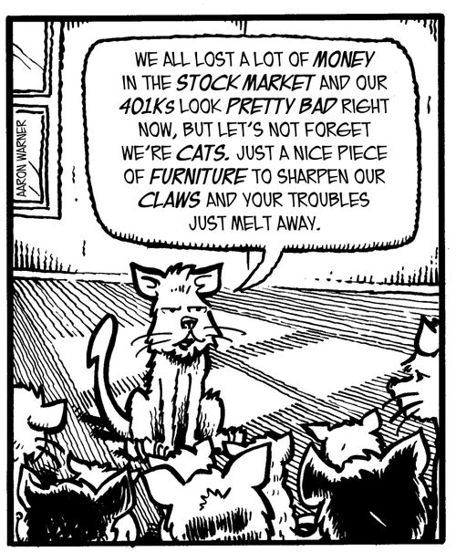 'We all lost a lot of money in the stock market and our 401ks look pretty bad right now, but let's not forget we're cats. Just a nice piece of furniture to sharpen our claws and your troubles just melt away.'
