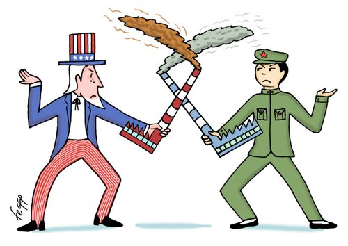 Uncle Sam argues about pollution with China.