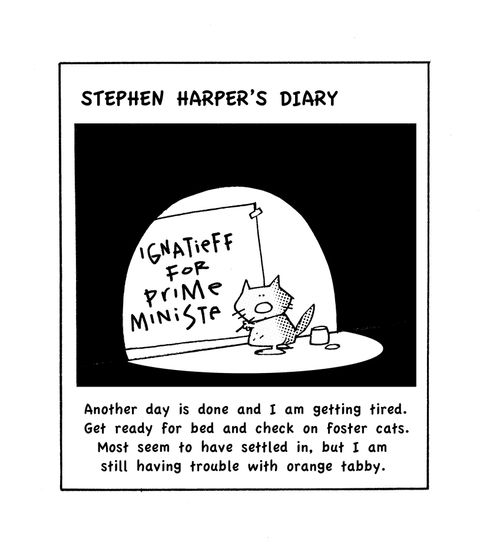 Stephen Harper's cat painting sign saying Ignatieff for Prime Minister.
