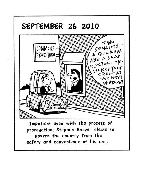 Impatient with the process of prorogation, Stephen Harper elects to govern the country from the convenience of his car.