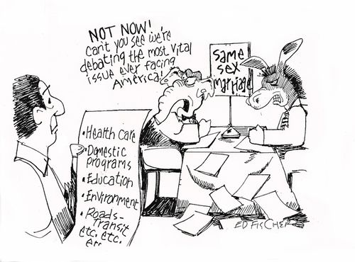 "Not now! Can't you see we're debating the most vital issue ever facing America?"
