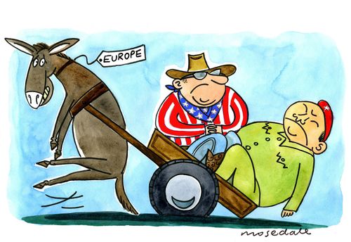 European donkey weighed down by American and Chinese heavyweight cart.