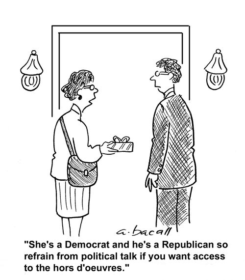 "She's a Democrat and he's a Republican so refrain from political talk if you want access to the hors d'oevres."