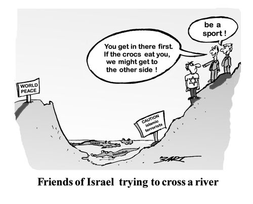 Friends of Israel trying to cross a river.