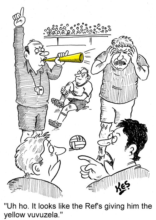 "Uh ho. It looks like the Ref's giving him the yellow vuvuzela."