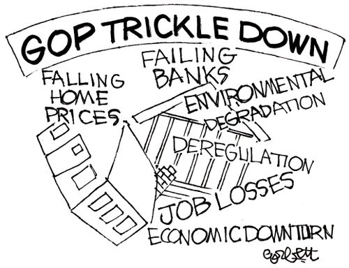 GOP Trickle Down: falling home prices, failing banks, environmental degradation, deregulation, job losses, economic downturn.