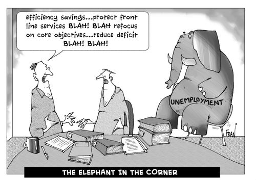 "Efficiency savings...protect front line services BLAH! BLAH! refocus on core objectives BLAH BLAH!"