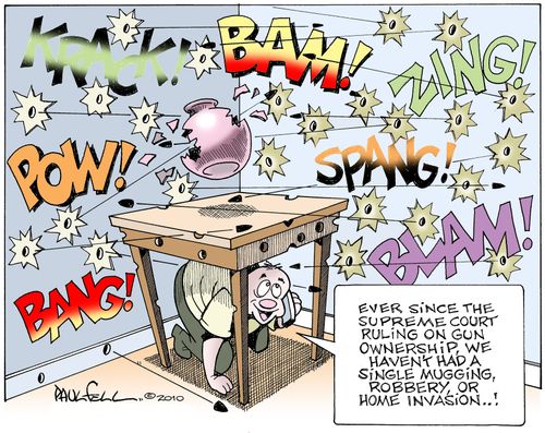 'Ever since the supreme court ruling on gun ownership, we haven't had a single mugging, robbery or home invasion!'