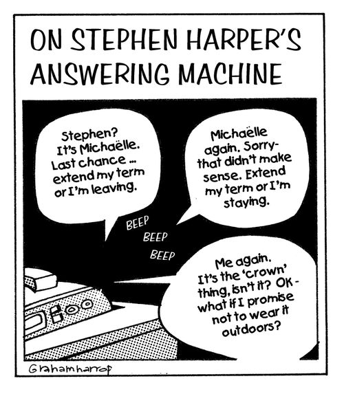 On Stephen Harper's answering machine..Michaelle calls.