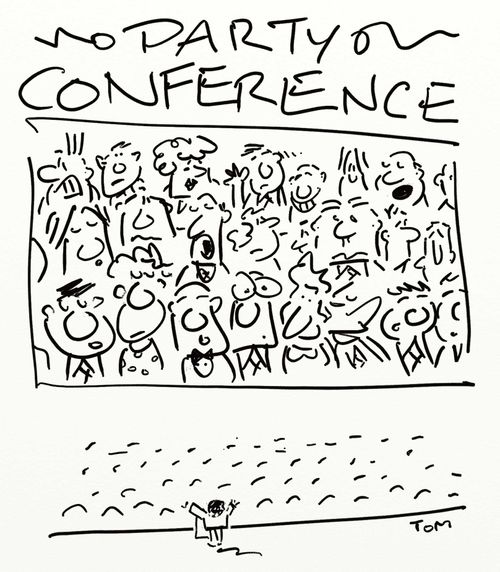 Giant screen displays conference delegates and not the speaker.