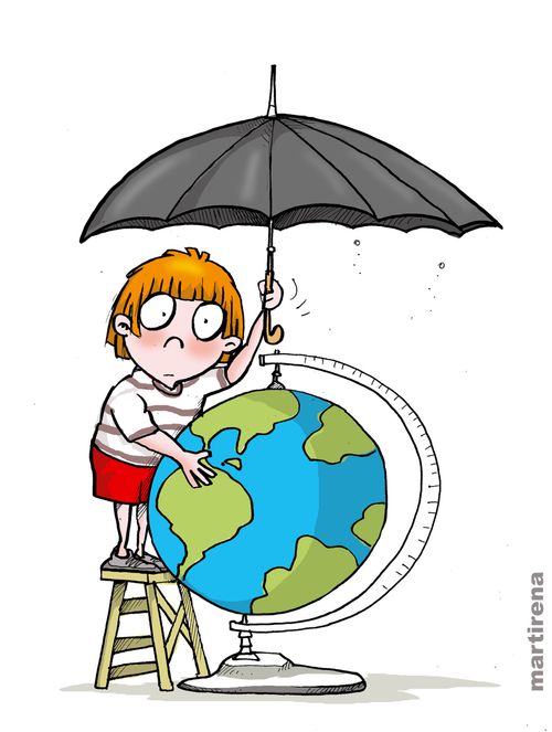 Child protects planet with umbrella.
