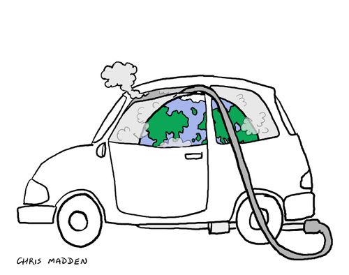 The Earth as a habitat being poisoned by pollution (symbolised by car exhaust fumes)