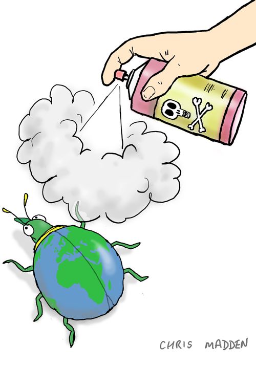 Toxic chemicals being sprayed onto a beetle that has a map of the world on its wing cases (symbolising the earth and its wildlife)