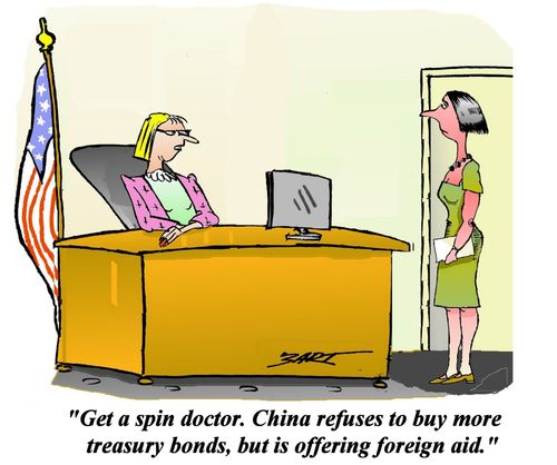 "China refuses to buy more US treasury bonds, but is offering foreign aid."