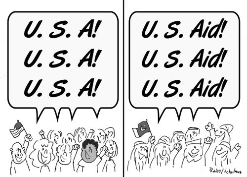 'U.S.A! U.S.A! U.S.A!'  -  'U.S. Aid!  U.S. Aid!  U.S. Aid!'