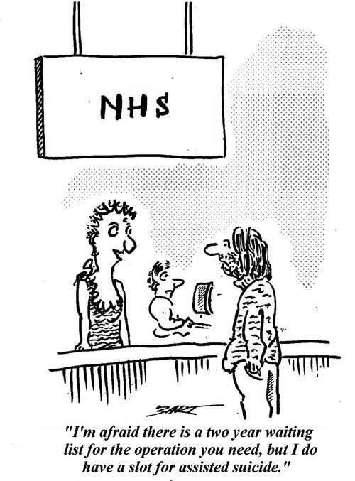 'I'm afraid there is a two year waiting list for the operation you need, but I do have a slot for assisted suicide.'