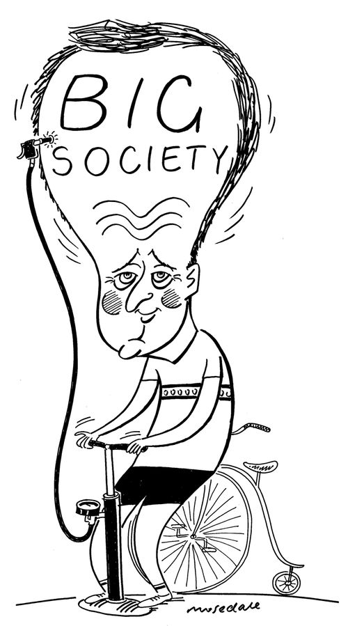 David Cameron with bicycle pump blowing up head with 'Big Society'.
