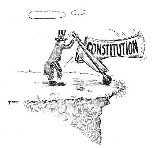 Uncle Sam dumping the U.S Constitution over a cliff