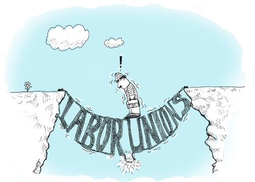 A worker is crossing a 'Labor Unions' Bridge - It is starting to come apart.