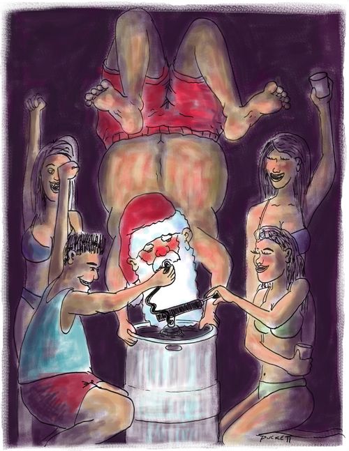 Santa does a keg stand.