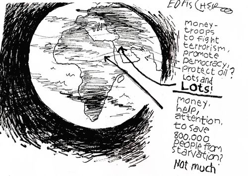 Money - troops to fight terrorism, promote democracy, protest oil? Lots and lots. Money, help, attention, to save 800,000 people from starvation? Not much.