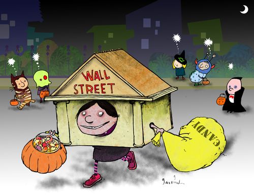 Wall Street steals kids' candy on Halloween.