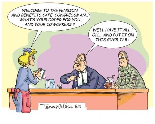 'Welcome to the Pension and benefits cafe, congressman...what;s your order for you and your co-workers?'