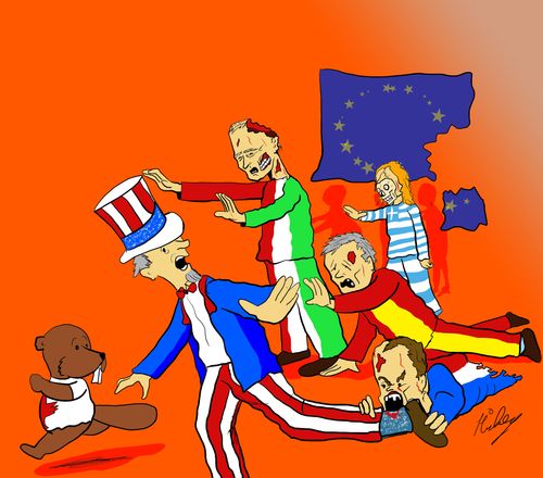 Uncle Sam and Canada's beaver run from the European Contagion