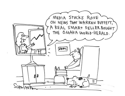 'Media stocks rose on news that Warren Buffett, a real smart feller, brought the Omaha World-Herald.'