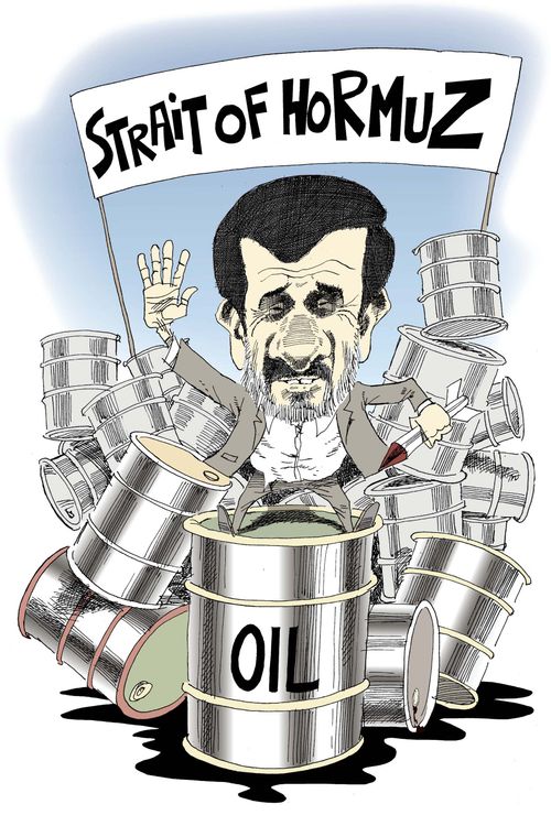Ahmadinejad at the Straight of Hormuz.