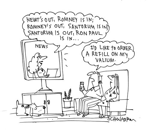 'Newt's out, Romney is in; Romney's out, Santorum is in; Santorum is out, Ron Paul is in...'