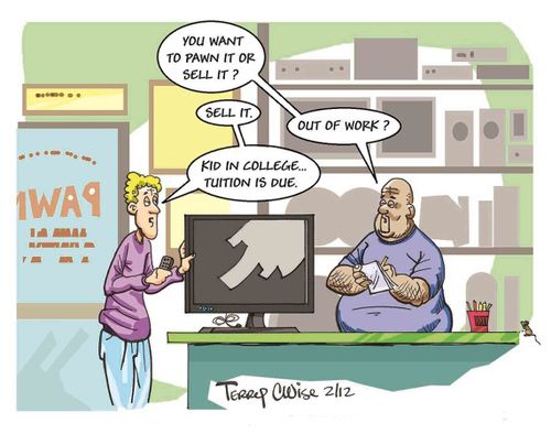 Man in Pawn Shop selling television because kid's college tuition is due.