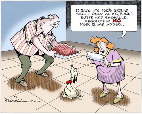"It says it's 100% ground beef. Only bones, brains, butts and eyeballs. Absolutely no pink slime added..."