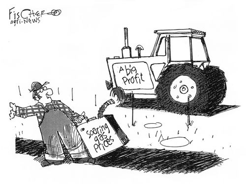 Hitch-hiking farmer needs gas.