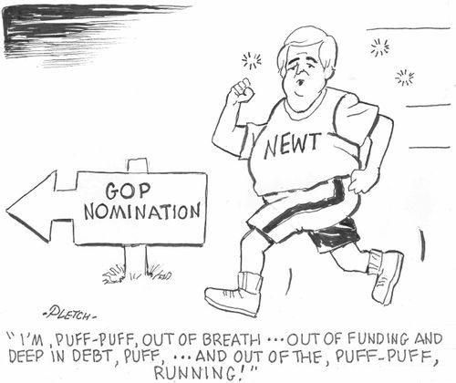 'I'm, puff-puff, out of breath...out of funding and deep in debt, puff,...and out of the, puff-puff, running!'