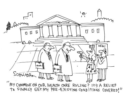 'My comment on our health care ruling? It's a relief to finally get my pre-existing conditions covered!'