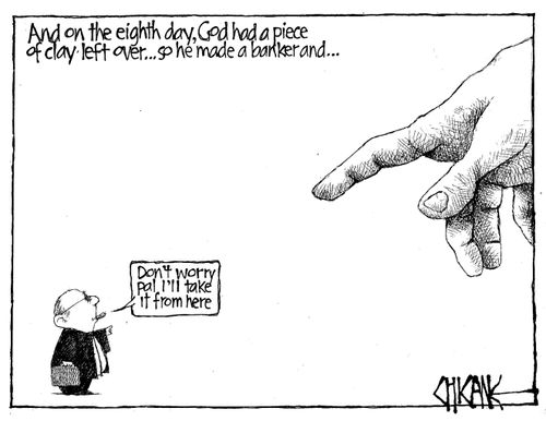 'And on the eighth day, God had a piece of clay left over. . . so he made a banker and. . .'