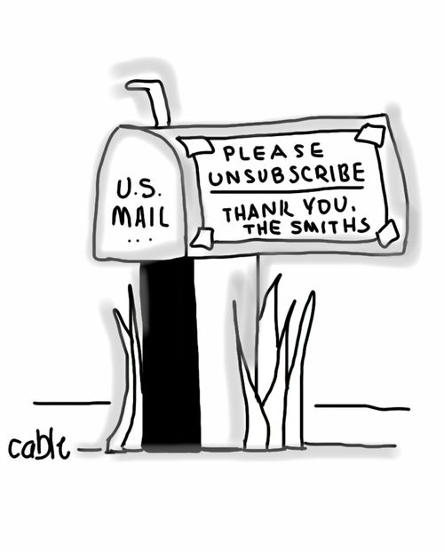 U.S. mail box with note on it: 'Please Unsubscribe. Thank you, The Smiths.'