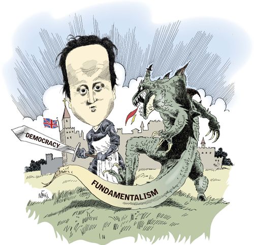 David Cameron wields the sword of democracy against the dragon of fundamentalism.