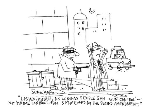 'Listen, buddy, as long as people say 'gun control' - not 'crime control' - this is protected by the second amendment.'