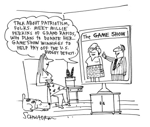 'Meet Millie Perkins. . . who plans to donate her gameshow winnings to help pay off the US budget deficit.'