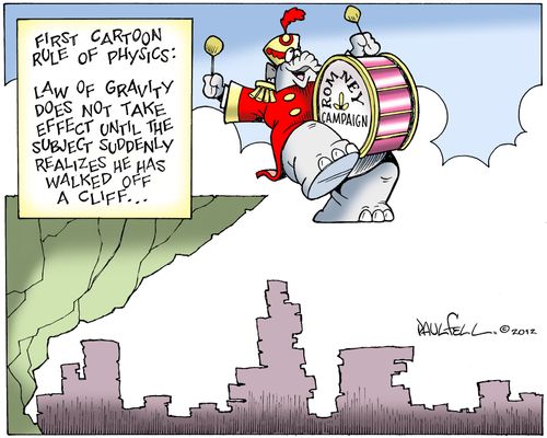 Cartoon physics: Law of gravity does not take effect until the subject suddenly realizes he has walked of the cliff.