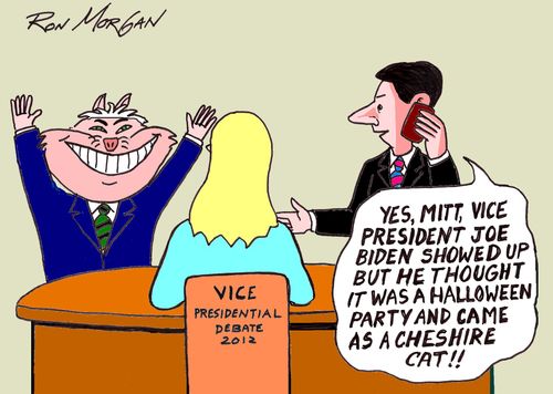 'Yes, Mitt, vice president Joe Biden showed up but he thought it was a Halloween party and came as cheshire cat!'