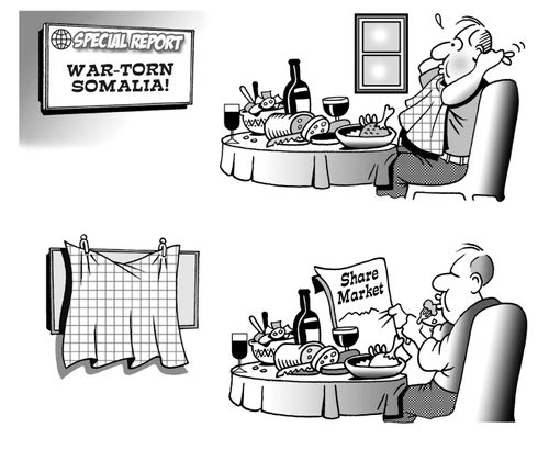 Man eating a feast chooses not to acknowledge the horrors occurring in Somalia.