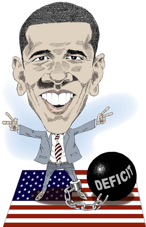 Obama with the deficit ball and chain.